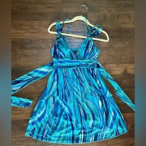 City Triangles Teal & Blue Swirl Midi Dress Y2K retro 13 going on 30 millennial